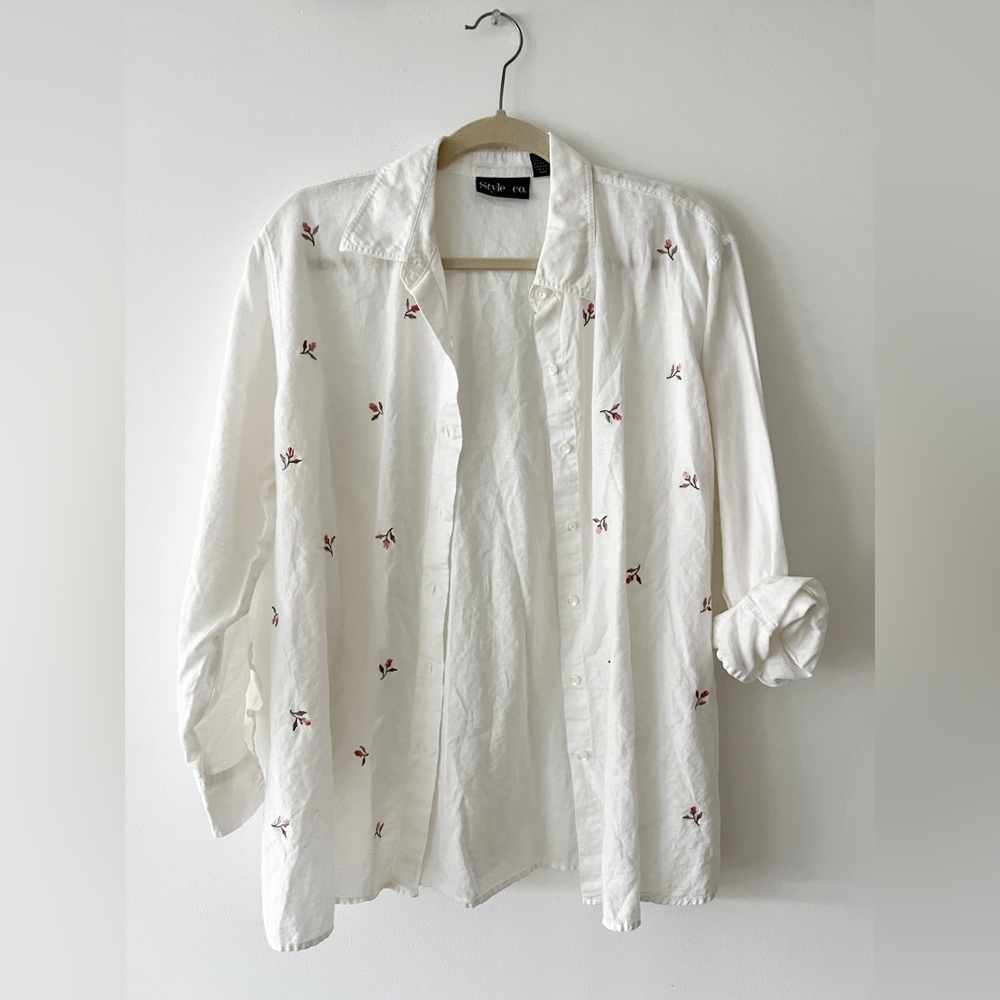 Linen Blend Button Up Flower Embroidered Shirt - unique, lightweight